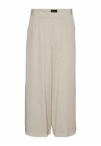 Pantaloni beige a gamba larga con una superficie liscia, cintura elastica e dettaglio piegato davanti. Realizzati in tessuto leggero.