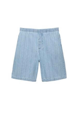 Pantaloni corti azzurri realizzati in tessuto morbido, con un discreto motivo a righe verticali, una vita elastica e tasche laterali.