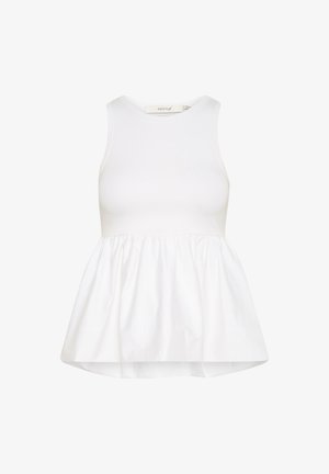 Top blanco sin mangas con un cuerpo ajustado y un dobladillo de peplum fruncido. Hecho de una tela suave, con un escote redondo y sin costuras visibles.