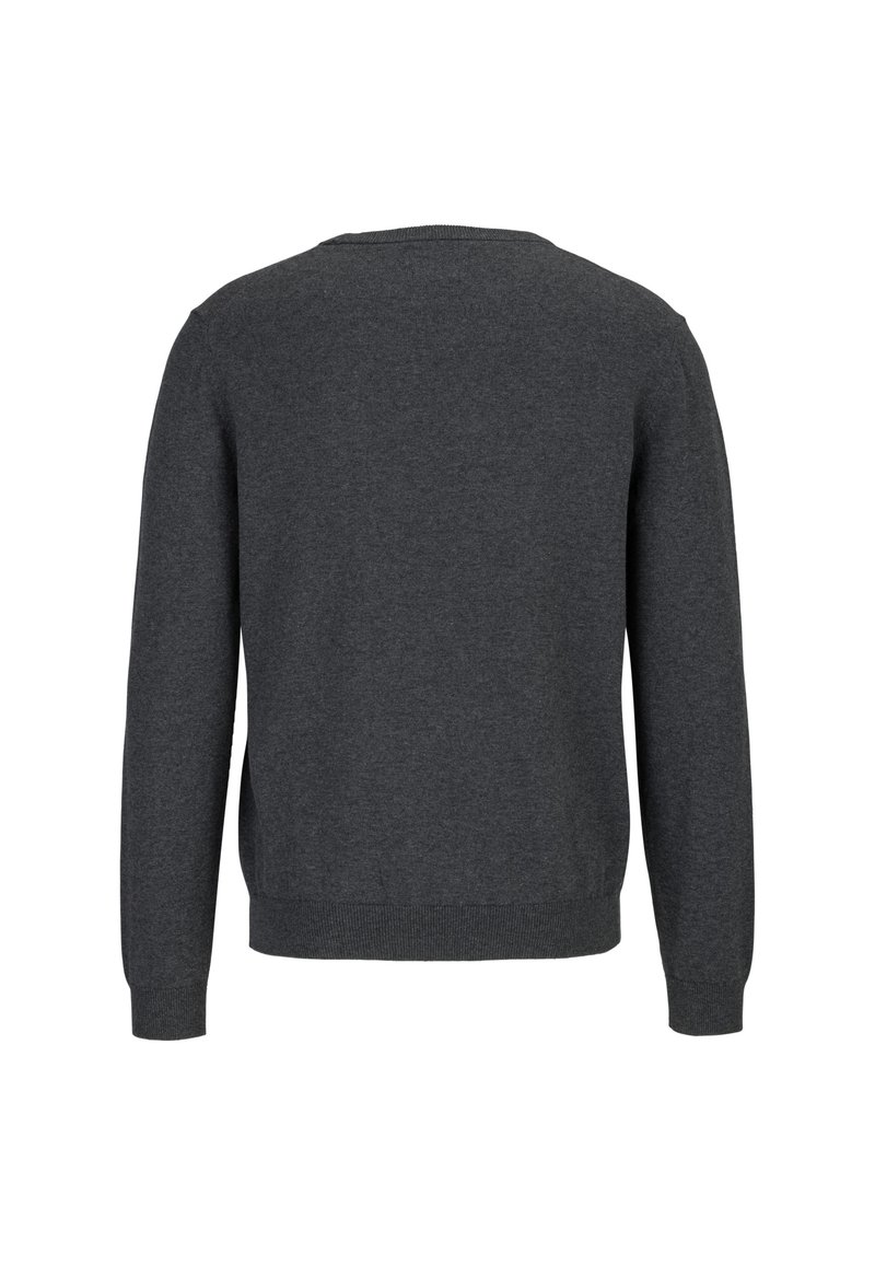 Pull en maille gris avec des manches longues, un col rond, des poignets et un ourlet côtelés. Design simple, sans motifs ni accents visibles.