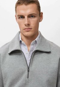 Lichtgrijze rits-sweater van zacht materiaal, met een hoge kraag en zwarte ritsdetails, laag over een blauw-wit gestreept shirt.