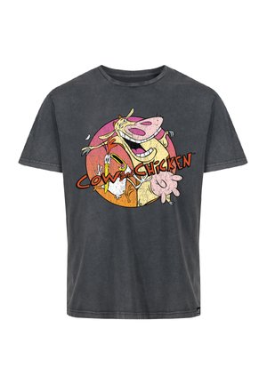 Donkergrijze katoenen t-shirt met een kleurrijke cartoonafbeelding van een koe en een kip, met de tekst "Cow and Chicken" in vet oranje.