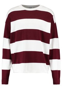 Pull rayé bordeaux et blanc avec un col rond et des manches longues. Confectionné en maille douce, avec une coupe décontractée.