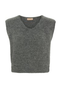 Grå ärmlös tröja med djup V-ringning, tillverkad av ett mjukt texturerat material, med en ribbad nederkant och en etikett med namnet "MARTA."