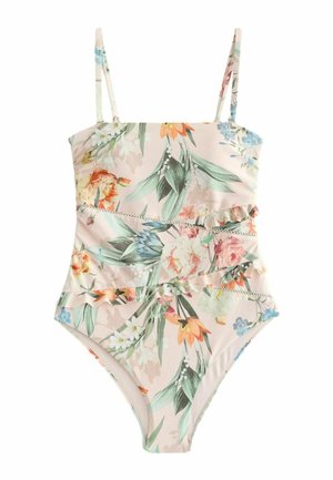 Floraler Einteiler-Badeanzug mit gerafften Lagen, dünnen Schulterträgern und pastellrosa Hintergrund mit grünen Blättern und mehrfarbigen Blumen.