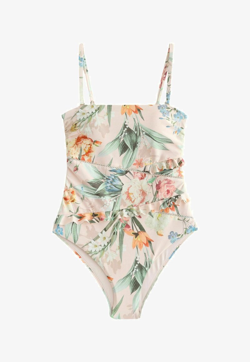 Maillot de bain une pièce fleuri avec des volants en couches, fines bretelles et un fond rose pâle orné de feuilles vertes et de fleurs multicolores.