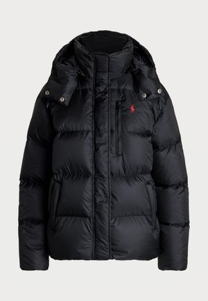 Black puffer jacket featuring a high collar, detachable hood, front zip, horizontal seams, and a red logo on the upper left side.