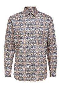 Košile s dlouhým rukávem v tmavě modré látce s detailním květinovým vzorem a vzorem ptáků v odstínech krémové, žluté a broskvové; zapínání na knoflíky vpředu.