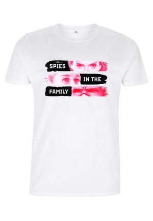 Weißes Baumwoll-T-Shirt mit auffälligem, schwarzem und pinkem Grafiktext "SPIES IN THE FAMILY" und Bildern von Augen über und unter dem Text.