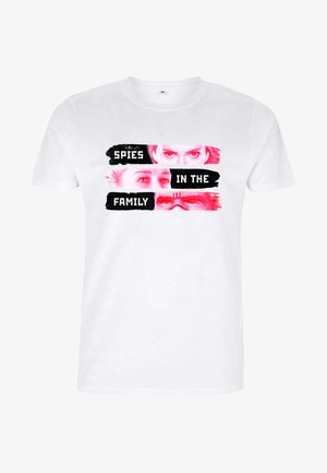 Weißes Baumwoll-T-Shirt mit auffälligem, schwarzem und pinkem Grafiktext "SPIES IN THE FAMILY" und Bildern von Augen über und unter dem Text.