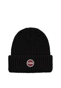 Črna rebrasta pletena kapa iz mehke tkanine, z zloženim robom in okroglim logotipom Colmar na sprednji strani.
