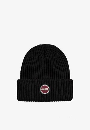 Juodas, švelnaus audinio, ribuotas megztas kepurėlis su sulenktu kraštu ir apvaliu „Colmar“ logotipo lopu priekyje.