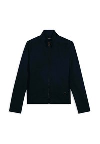 Chaqueta azul marino con cremallera, fabricada con una tela suave, que presenta un cuello alto, mangas largas y un logo discreto en el dobladillo inferior. Detalle de cierre dorado.