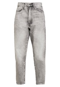 Džínové kalhoty s vysokým pasem, šedé barvy, s mírně vybledlým povrchem, rovný střih, pět kapes a zapínání na knoflík.
