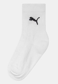 Vit bomullssocka med ribbad manschett och svart Puma-logotyp broderad på sidan. Slät textur, standardstrumpform.