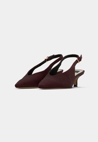 Ζευγάρι μπορντό γόβες με μυτερή μύτη και χαμηλά τακούνια τύπου kitten, με χρυσά λουράκια με αγκράφα, σε απλό λευκό φόντο.