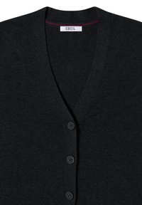 Cardigan nero a scollo a V di CECIL, realizzato con un morbido tessuto e cinque bottoni. Design semplice con una leggera lucentezza.