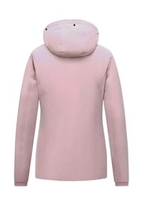 Roze jas met capuchon, gemaakt van gladde stof. Heeft een minimalistisch ontwerp, lange mouwen en elastische manchetten. Achteraanzicht toont geen extra details.