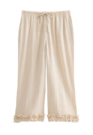 Pantalon beige à jambes larges avec taille élastique, cordon de serrage, poches latérales et ourlets volantés sur fond blanc uni.