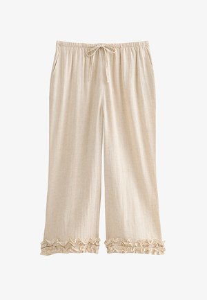 Pantalon beige à jambes larges avec taille élastique, cordon de serrage, poches latérales et ourlets volantés sur fond blanc uni.