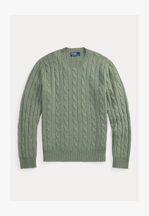 Šviesiai žalias kabeliuku mezgtas vilnonis megztinis su apvaliomis kaklo iškirpte, su riboto piešinio rankogaliais ir apačia, išdėliotas plokščiai.