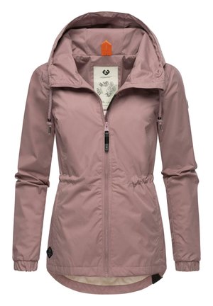 Lichtroze jacket met een ritssluiting aan de voorkant, verstelbare capuchon, elastische manchetten en een koord aan de taille. Heeft een gladde textuur en een subtiele merklabel.