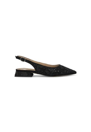 Schwarze Slingback-Flats mit spitzem Zehenbereich, strukturierten Obermaterialien mit geometrischen Ausschnitten, niedrigem Blockabsatz und verstellbarem Knöchelriemen.