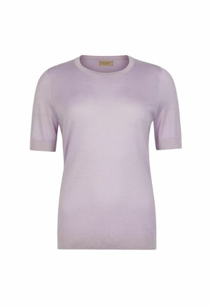 Lyse lilla kortærmet strikket sweater med rund halsudskæring og ribstrikkede manchetter og kant, vist på en ren hvid baggrund.