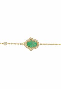 Arany karkötő zöld kővel, amely hamsa formájú, kis fehér kövekkel körülvéve. A láncszemek finom mintát alkotnak.