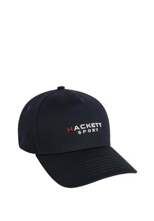 Cappello della marina in tessuto con visiera curva. Presenta il logo "HACKETT SPORT" in bianco e rosso sul fronte. Superficie testurizzata con dettagli di cucitura.