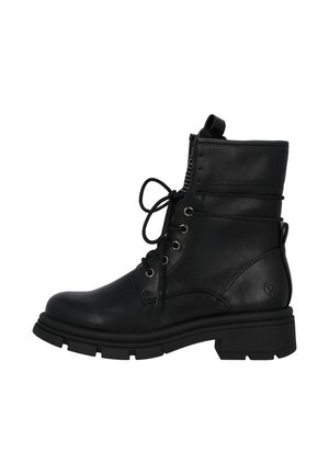 Botas de cuero negras hasta el tobillo con puntera redonda, parte frontal con cordones, cremallera lateral, herrajes tipo ojetes y suela de goma gruesa para un mejor agarre.