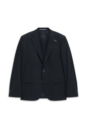 Navy blue men's blazer with notch lapels, two front flap pockets, two-button closure, chest pocket, and buttoned cuffs, labeled Bugatti.
