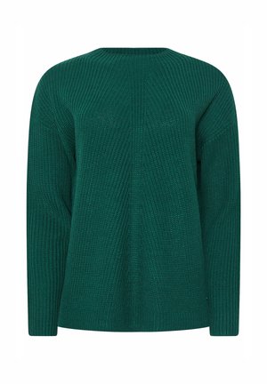 Grüner gestrickter Pullover mit rundem Halsausschnitt, langen Ärmeln und strukturiertem Muster. Die offene Webart sorgt für visuelles Interesse.