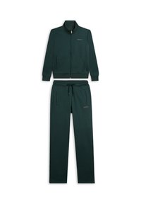 Chándal verde oscuro que incluye una chaqueta con cremallera frontal y dos bolsillos, y pantalones a juego con cintura elástica y cordón ajustable.