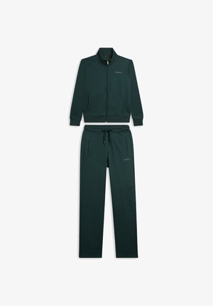 Chándal verde oscuro que incluye una chaqueta con cremallera frontal y dos bolsillos, y pantalones a juego con cintura elástica y cordón ajustable.