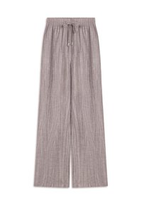Pantaloni grigi chiari a gamba larga con vita regolabile, caratterizzati da un tessuto texturizzato con linee verticali e piccoli dettagli decorativi.
