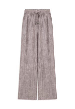 Pantaloni grigi chiari a gamba larga con vita regolabile, caratterizzati da un tessuto texturizzato con linee verticali e piccoli dettagli decorativi.