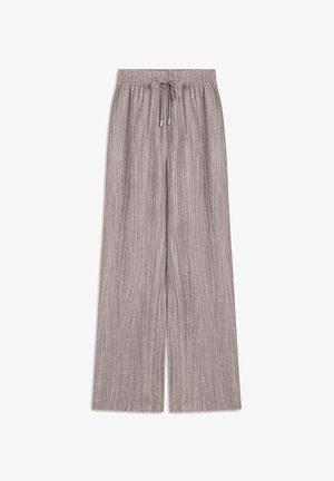 Light gray, wide-leg pants with a drawstring waistband, featuring a textured fabric with vertical lines and small decorative accents.