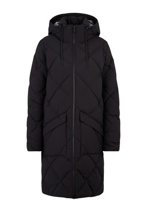 Zwarte pufferjas met een ruiten-quiltpatroon, volle rits, verstelbare capuchon en zijzakken voor extra functionaliteit.