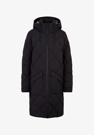 Fekete puffernadrágos kabát, amely gyémántos tűzéssel készült, teljes cipzárral, állítható kapucnival és oldalzsebekkel a funkcionalitás érdekében.