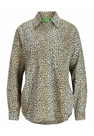 Koszula z leopardzim wzorem, zapinana na guziki, wykonana z lekkiego materiału, z klasycznym kołnierzykiem, długimi rękawami, dwiema kieszeniami na piersi i luźnym krojem.