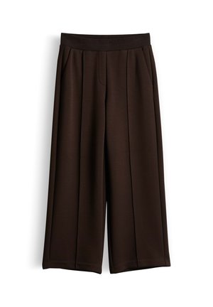 Pantaloni marrone scuro a gamba larga con vita elasticizzata e dettagli di cuciture frontali, mostrati su sfondo bianco.