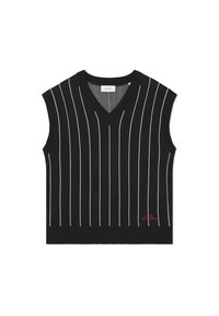 Svart utenermed vest med vertikale hvite striper, V-halsdesign, ribbestruktur og rød logodetalj på nedre kant.