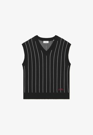 Musta ilman hihoja liivi, jossa on pystysuorat valkoiset raidat, V-pääntie, ribbikuvio ja punainen logotunnus alareunassa.