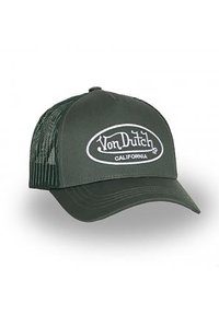 Casquette de camionneur verte avec une visière incurvée. Dotée d'un dos en mesh et d'un logo brodé, "Von Dutch California", en blanc sur le panneau avant.