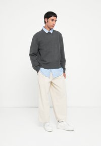 Maglione grigio a maglia con orlo a coste, indossato sopra una camicia a righe azzurra chiara. I pantaloni beige a gamba larga e le sneakers bianche completano l'outfit.