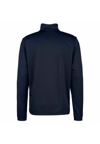 Marineblauwe longsleeve zip-up top met een staande kraag. Zacht, soepel materiaal; geen zichtbare patronen of versieringen. Eenvoudig, functioneel ontwerp.