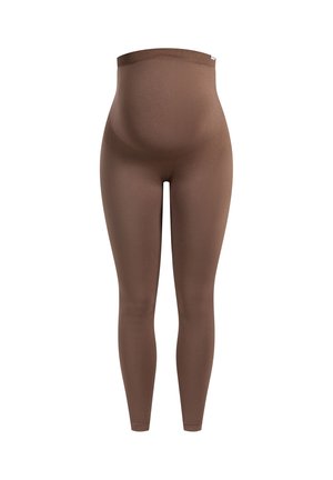 Bruine zwangerschapslegging met een hoge tailleband, gemaakt van een rekbaar materiaal, met een gladde textuur en een volledige lengte.