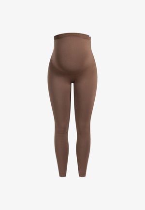 Braune Umstandsleggings mit hohem Bund, gefertigt aus elastischem Material, mit glatter Textur und im Ganzkörper-Design.