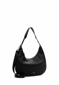 Black leather shoulder bag with a curved shape, textured surface, adjustable strap, and a silver zipper detail. Minimalist design.